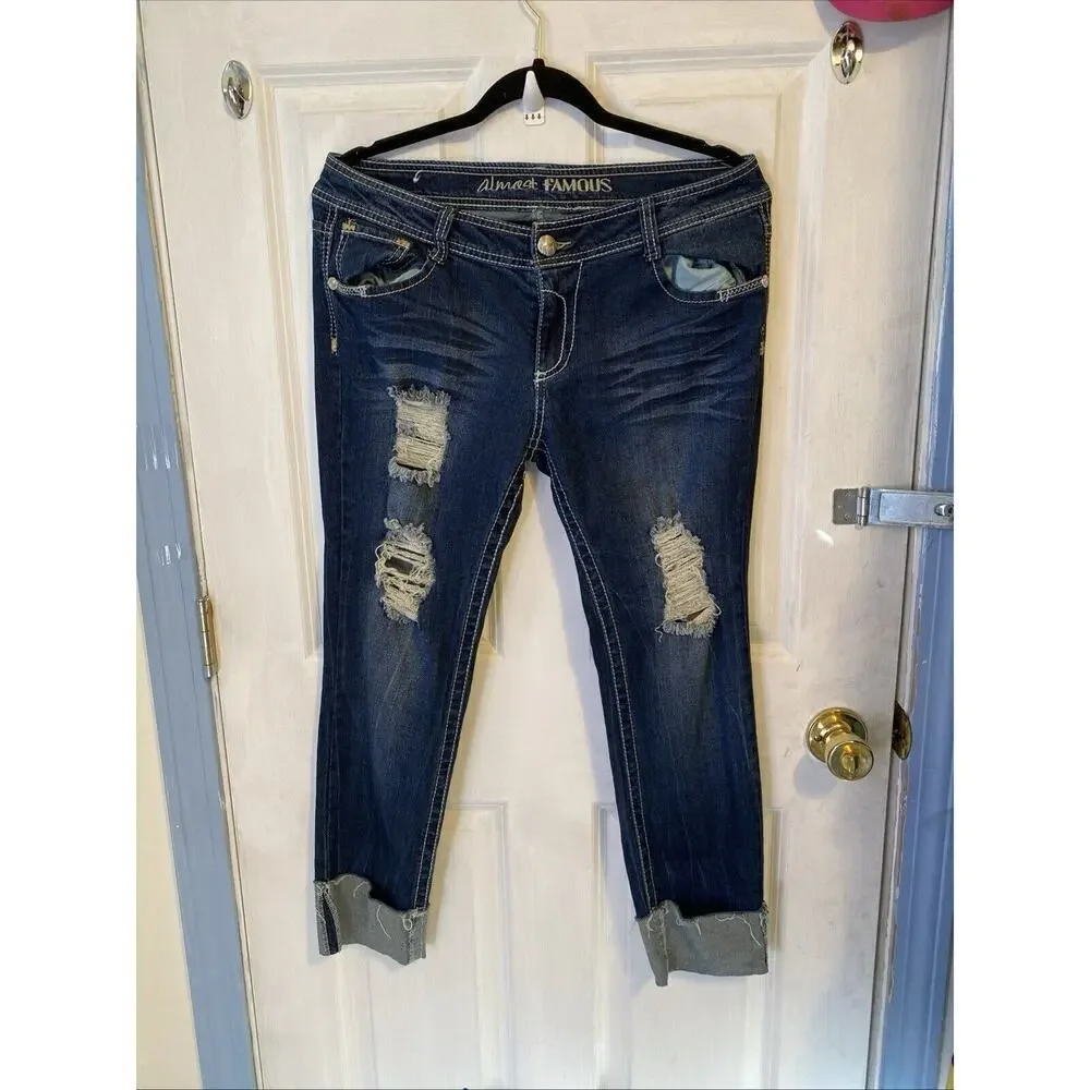 Almost Famous Jeans Women Sz 11 Stretch Distressed Blue Low Rise Cuffed Hem
